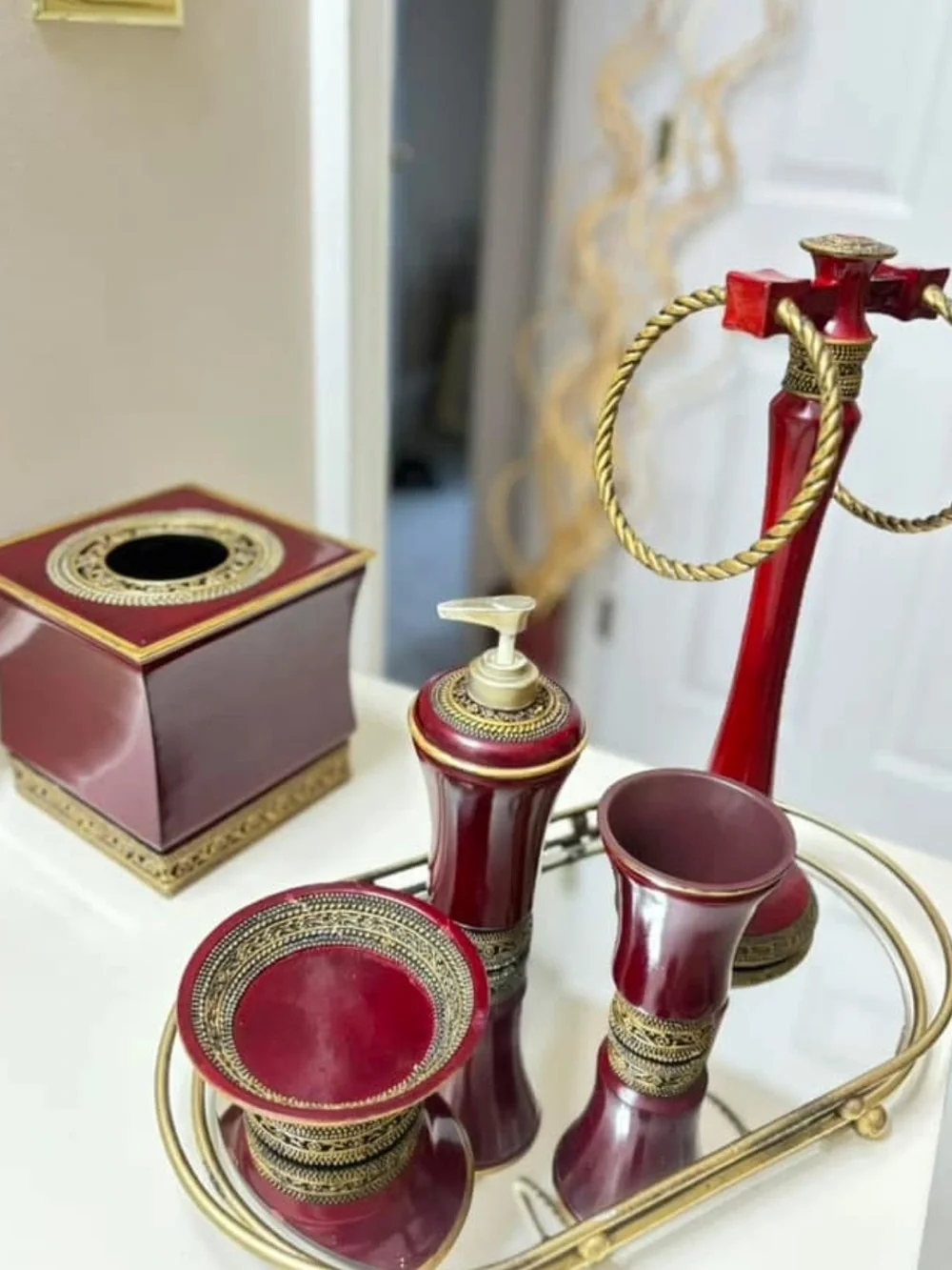 Elegant Red and Gold Bathroom Accessory Set - Classic Home Bath